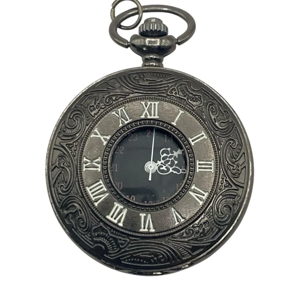 Vintage Black Pocket Watch for Men Roman Numeral Quartz New Battery